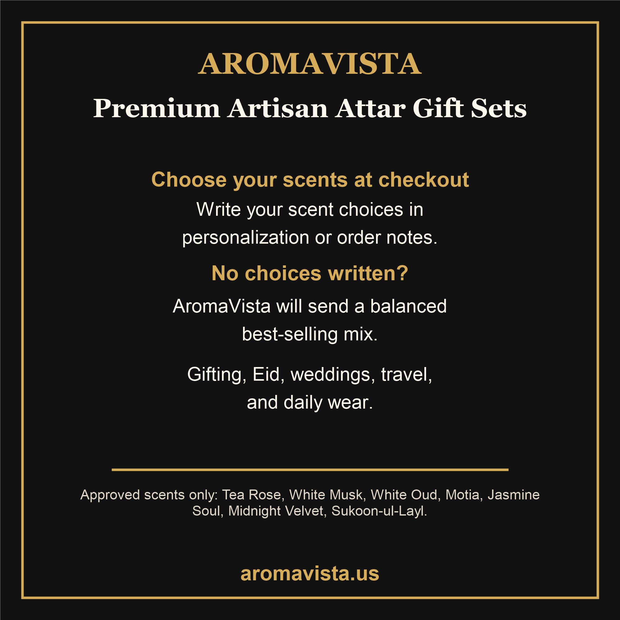 AromaVista Attar Gift Set scent choice instruction card